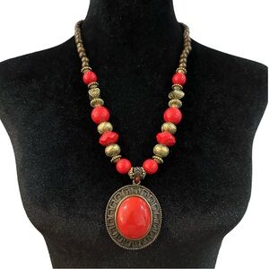 Tibetan Style Necklace Red Antique Gold Tone Wood Glass